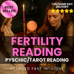 Könnte beinhalten: Ein Bild, das eine Fruchtbarkeitslesung bewirbt. Der Text "FERTILITY READING" ist pink. Weitere Texte sind "PSYCHIC/TAROT READING" und "DETAILED FAST INTUITIVE". Ein "BEST SELLER"-Abzeichen und ein "1 HR/SAME DAY DELIVERY"-Abzeichen sind ebenfalls sichtbar.