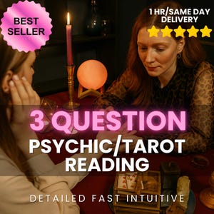 May include: An image advertising a psychic and tarot reading service. The text reads "3 QUESTION PSYCHIC/TAROT READING" with additional text indicating "DETAILED FAST INTUITIVE" service. A woman is seen with a candle, a glowing orb, and a "BEST SELLER" badge.