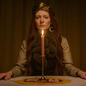 May include: A woman with long red hair and a gold turban sits at a table with a lit candle in a brass holder. She wears a fur scarf and gold earrings. The scene has a mystical, fortune-telling theme.