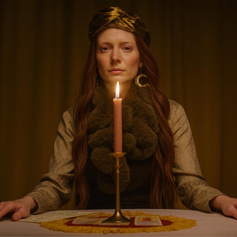May include: A woman with long red hair and a gold turban sits at a table with a lit candle in a brass holder. She wears a fur scarf and gold earrings. The scene has a mystical, fortune-telling theme.