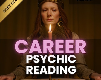 May include: An image featuring a woman with long red hair, wearing a turban and holding a lit candle. The text "CAREER PSYCHIC READING" is prominently displayed. A gold banner reads "BEST SELLER" and another banner says "1 HR/SAME DAY DELIVERY".