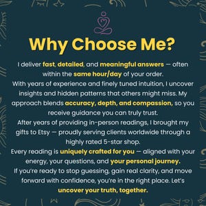 May include: Dark teal graphic with the text "Why Choose Me?" in yellow. The text describes fast, detailed, and meaningful answers, insights, and guidance. The image also includes a small pink illustration of two figures meditating.