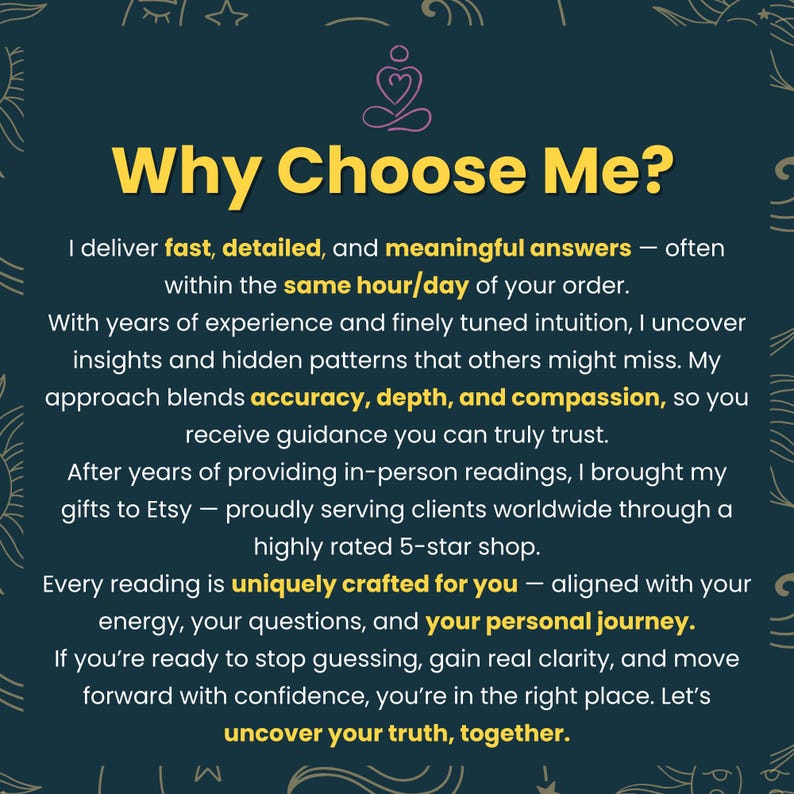 May include: Dark teal graphic with the text "Why Choose Me?" in yellow. The text describes fast, detailed, and meaningful answers, insights, and guidance. The image also includes a small pink illustration of two figures meditating.