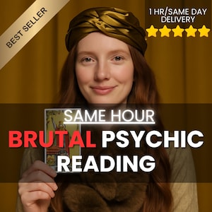 May include: A woman with long red hair and a gold headscarf holds a tarot card. The image includes text that reads "SAME HOUR BRUTAL PSYCHIC READING" and "BEST SELLER". There is also text that reads "1 HR/SAME DAY DELIVERY" with five gold stars.