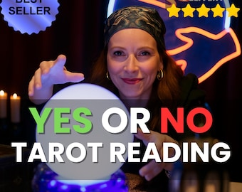 May include: A woman with a headscarf and gold hoop earrings gestures towards a glowing crystal ball. The text "YES OR NO TAROT READING" is displayed below the ball. A "BEST SELLER" badge and a "1HR/SAME DAY DELIVERY" banner are also visible.