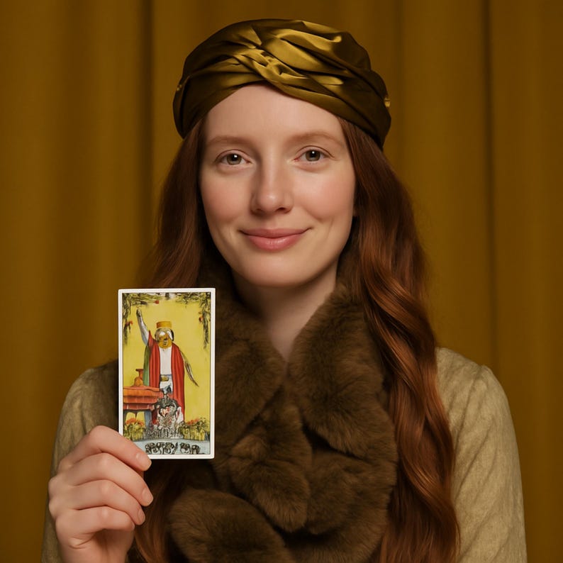 May include: A woman with red hair and a gold turban holds a tarot card. The card features a figure in red and white robes with a raised arm. She wears a brown fur collar and a light green jacket. The background is a solid yellow.
