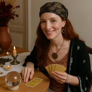 May include: A woman with red hair wearing a patterned headscarf and black jacket, smiling while holding a deck of cards. A crystal ball and a tarot card are on the wooden table. Candles and a vase with dried flowers are also visible.