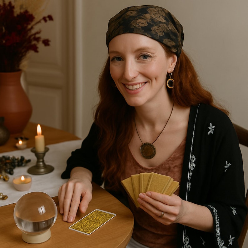 May include: A woman with red hair wearing a patterned headscarf and black jacket, smiling while holding a deck of cards. A crystal ball and a tarot card are on the wooden table. Candles and a vase with dried flowers are also visible.