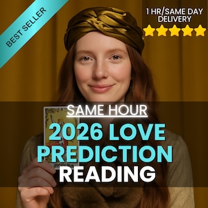 Puede incluir: Una mujer pelirroja con un turbante dorado sostiene una carta del tarot. El texto en la imagen dice "SAME HOUR 2026 LOVE PREDICTION READING." Una pancarta dice "BEST SELLER." Otra pancarta dice "1 HR/SAME DAY DELIVERY."