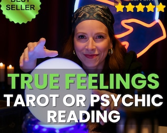 May include: An image promoting a tarot or psychic reading service. The text "TRUE FEELINGS TAROT OR PSYCHIC READING" is displayed over a glowing crystal ball. The image includes the text "BEST SELLER" and "1HR/SAME DAY DELIVERY".