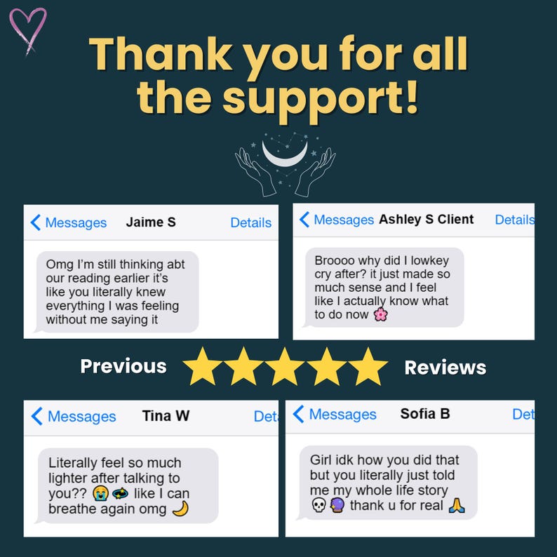May include: A teal graphic with the text "Thank you for all the support!" and customer reviews. The reviews are displayed in a messaging app format, with star ratings and positive feedback.
