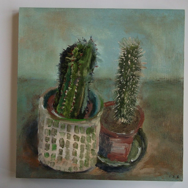 Acrylic painting STILL LIFE cactus succulent plants (original art) 12 x 12 wood panel