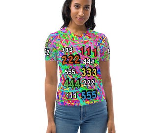 Maglietta con numeri angelici colorati, maglietta grafica con numerologia, top psichedelico spirituale da donna