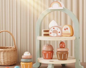 Wooden Tea Party Set: Montessori Pretend Play Dessert Toy | Montessori Tea Set for Toddlers | Birthday Gift for Girls Boys