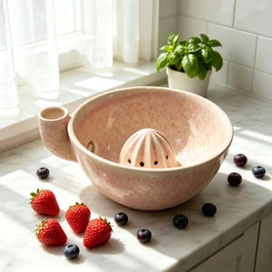 May include: A pale pink ceramic citrus juicer bowl with a speckled finish, featuring a central reamer with drainage holes and a side handle. The bowl is surrounded by several fresh red strawberries and dark blue blueberries on a white surface.