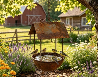 Rustic Rusted Metal Hanging Bird Bath, Vintage Cottage Garden Decor, Outdoor Bird Water Feeder