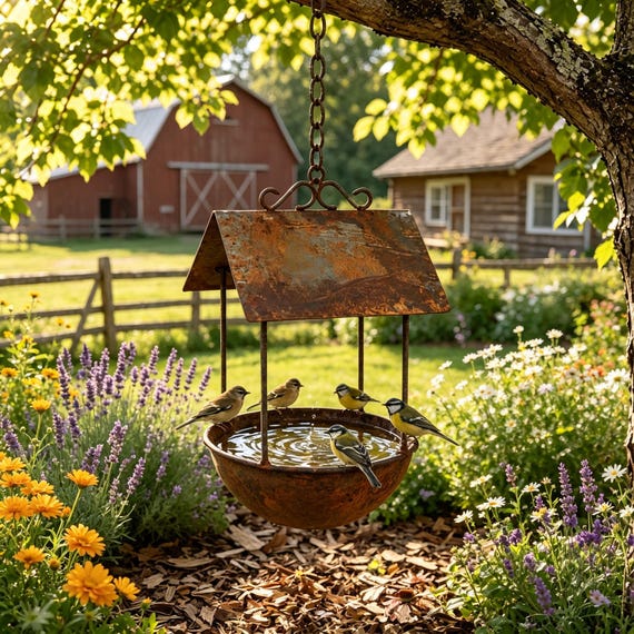 Rustic Rusted Metal Hanging Bird Bath, Vintage Cottage Garden Decor, Outdoor Bird Water Feeder