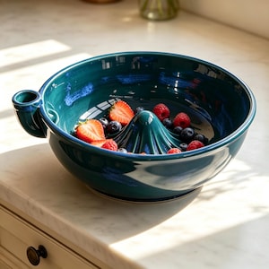 Espremedor de frutas e tigela para lavar frutas vermelhas feitos à mão em cerâmica, com bico para despejar, decoração de cozinha estilo cottagecore, presente de boas-vindas único e prático para amantes da culinária.