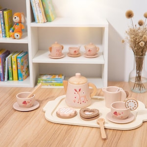Wooden Kids Tea Set | Pretend Play Tea Party Toy | Montessori Role Play Kitchen Set | Gift for Girls Boys | Toddler Playset