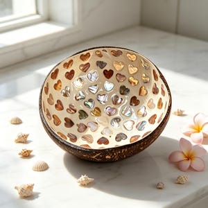 Handmade Mother of Pearl Mosaic Inlay Coconut Shell Bowl,Boho Coastal Home Decor Bowl,Jewelry Trinket Dish , Unique Housewarming Gift