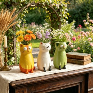 Peut inclure: Trois vases en céramique en forme de chat, jaunes, blancs et verts, chacun contenant des fleurs colorées. Les vases ont des visages fantaisistes et sont disposés sur une table en bois avec un tissu de couleur neutre. L'arrière-plan présente un jardin.