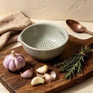 May include: A pale green ceramic garlic grater bowl with a floral pattern, alongside a garlic bulb, cloves, and herbs on a wooden chopping board. A copper spoon and a beige cloth are in the background.