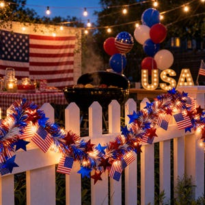 May include: A festive outdoor scene with a white picket fence adorned with a garland of red, white, and blue decorations, including miniature American flags and star-shaped ornaments. A large American flag hangs in the background, with a barbecue grill and string lights.