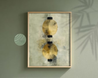 Japandi Symbolic Print: Lantern Zen Wall Art, Abstract Green Calming Decor, Wabi Sabi Sumi Ink Watercolor (Digital Download)