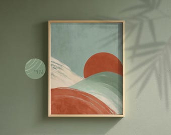 Japandi Minimalist Abstract Print: Rising Sun Zen Wall Art, Sage & Terracotta, Calming Decor, Retro Boho (Digital Download) | No. 6