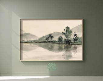 Japandi Abstract Nature Print: Lake, Mountain, Trees, Green Neutrals, Calming Zen Landscape Decor, Sumi Wabi Sabi (Digital Download) | No. 5