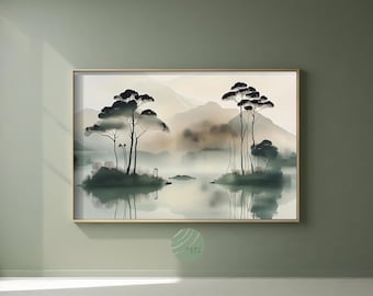 May include: A framed watercolour painting of a tranquil landscape. The artwork shows a misty lake scene with silhouetted trees and mountains in the background. The colour palette includes shades of green, grey, and beige.