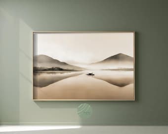 Könnte beinhalten: Ein gerahmter Sepia-Landschaftsdruck mit einer ruhigen Seeszene mit Bergen im Hintergrund. Ein kleines Boot schwimmt auf dem Wasser und spiegelt die Berge und den Himmel wider. Das Kunstwerk wird an einer grünen Wand ausgestellt.