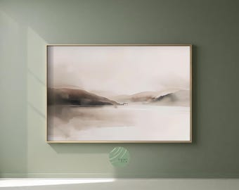 Japandi Landscape Print: Abstract Minimalist Wall Art, Wabi Sabi Mountain Lake, Neutral Beige Brown, Watercolor (Digital Download)