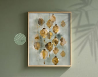 Japandi Symbolic Print: Japanese Lantern Zen Wall Art, Green Neutral Calming Decor, Wabi Sabi Sumi Ink Watercolor (Digital Download)