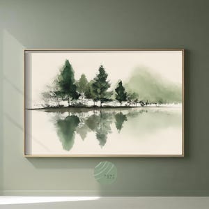 Japandi Landscape Print: Minimalist Lake & Green Pine Trees Wall Art, Calming Neutrals Zen Decor, Sumi Wabi Sabi (Digital Download) | No. 5