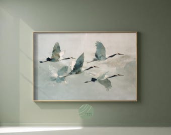 Japanese Bird Art Print: Abstract Symbols Crane Wall Art, Japandi Calming Neutral Decor, Wabi Sabi, Sumi Ink Watercolor (Digital Download)