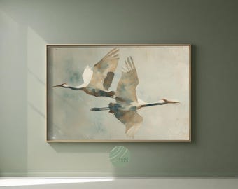 Japandi Crane Bird Art Print: Japanese Symbol Wall Art, Calming Neutral Abstract Decor, Wabi Sabi, Sumi Ink Watercolor (Digital Download)