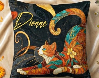 Personalized Cat Art Plush Pillow, Colorful Patchwork Cat Pillow, Artistic Pillow for Cat Lovers, Cat Mom Gift, Cat Lover Gift, Cat Pillow