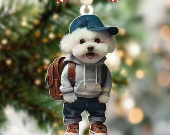 Cute Dog Student Ornament – Personalized Puppy Backpack Christmas Decor, Custom Name Dog Lover Gift, Cute School Dog Holiday Ornament