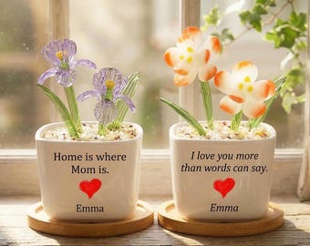 Glass Potted Birth Flowers, Hand Blown Glass Potted Plants, Glass Flower Bouquet, Custom Mother's Day Gift For Mom, Glass Flower Potted