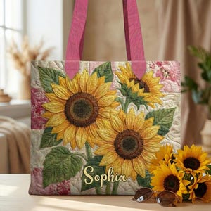May include: A tote bag with a sunflower design. The bag features a quilted pattern with yellow sunflowers, green leaves, and pink accents. The name "Sophia" is printed in gold script. The bag has pink handles.