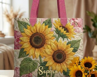 Custom Name Vintage Sunflower Quilted Tote, Sunflower Floral Quilted Tote, Quilted Floral Handbag , Spring Summer Flower Bag, Floral Purse