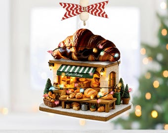Personalized Mini Bakery Christmas Ornament, Elegant Patisserie with Croissant Roof, Christmas Bakery Shop Ornament 2025, Bakery Ornament