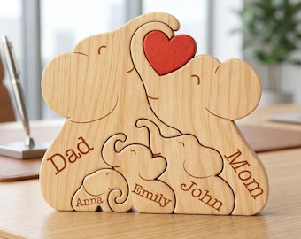 Elephant Family Wooden Puzzle, Custom Name Wood Animal Figurine, Mothers Day Gift, Mom Birthday Gift, Family Gift, Baby Shower Nursery Decor