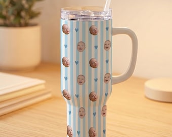 Personalized Baby Face 40oz Tumbler, Striped Baby Photo Cup, New Mom Dad Tumbler, Kids Face Keepsake Tumbler, Funny Gift For Grandma Grandpa