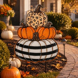 May include: A decorative yard sign featuring a stack of three pumpkins. The top pumpkin has a tan and black leopard print, the middle features two solid orange pumpkins, and the bottom is a large white pumpkin with horizontal black stripes.
