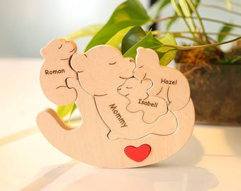 Personalized Bear Family Wooden Puzzle, Custom Name Wood Animal Figurine, Mothers Day Gift, Family Of Three Four Gift Nursery Decor