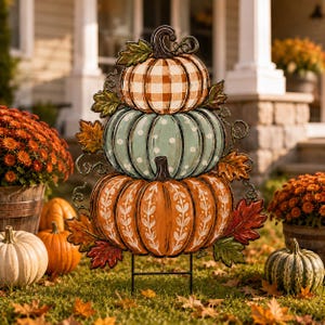 May include: A metal garden stake featuring a stack of three decorative pumpkins. The top pumpkin has an orange and white gingham pattern, the middle is light blue with white polka dots, and the bottom is orange with white vine illustrations.