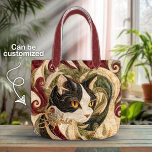 Colorful Cat Face Quilted Tote Bag, Vibrant Swirl Cat Pattern Art Bag, Quilted Tote for Cat Lovers, Tote for Cat Moms, Cats Quilt Tote Bag