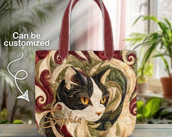 Colorful Cat Face Quilted Tote Bag, Vibrant Swirl Cat Pattern Art Bag, Quilted Tote for Cat Lovers, Tote for Cat Moms, Cats Quilt Tote Bag